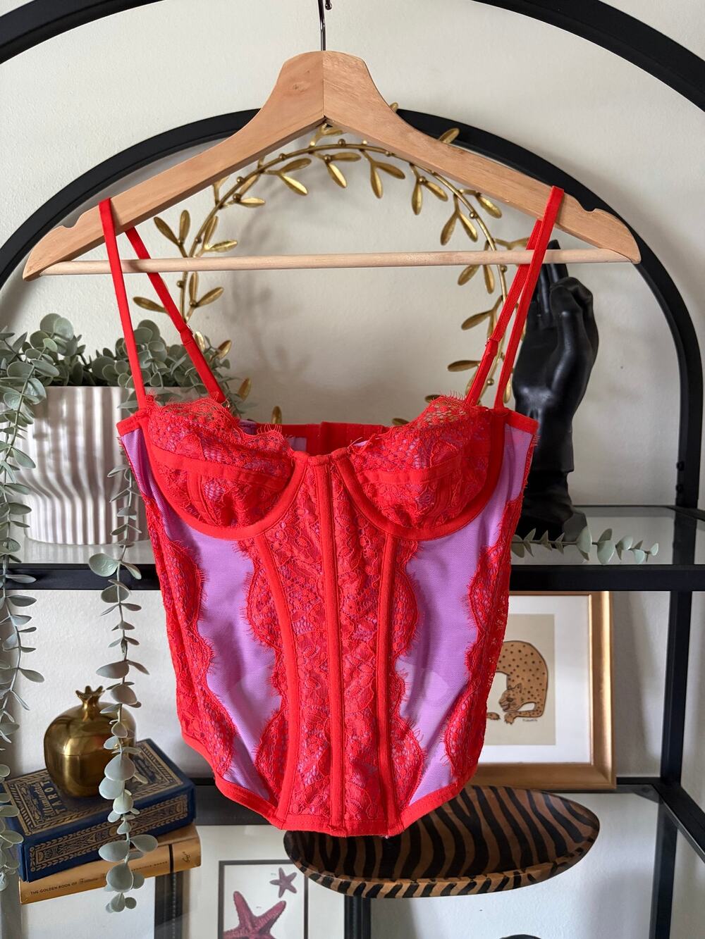 Out From Under Lace Mesh Corset Bustier Top Womens Small Red Underwire Sheer